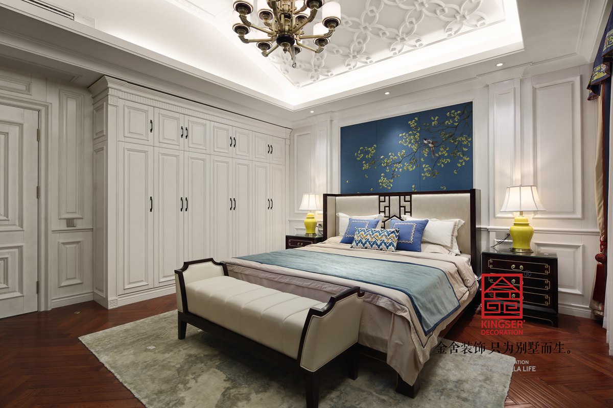 原河名墅600㎡新中式風格裝修臥室實景圖案例