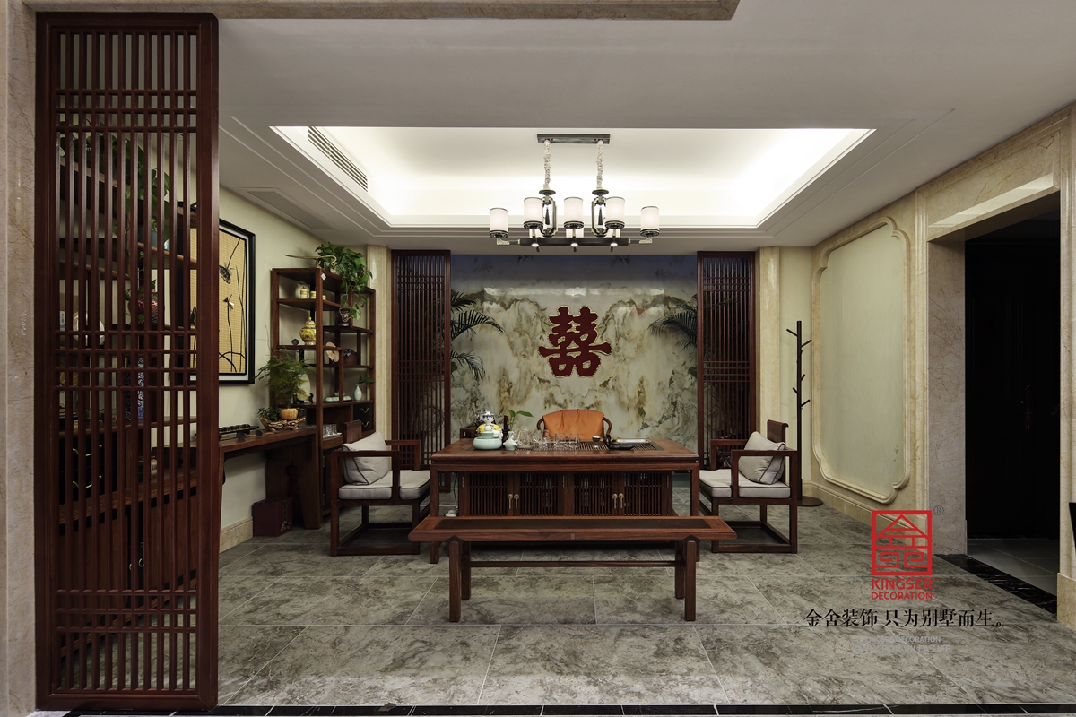 原河名墅600㎡新中式風格裝修茶室實景圖案例